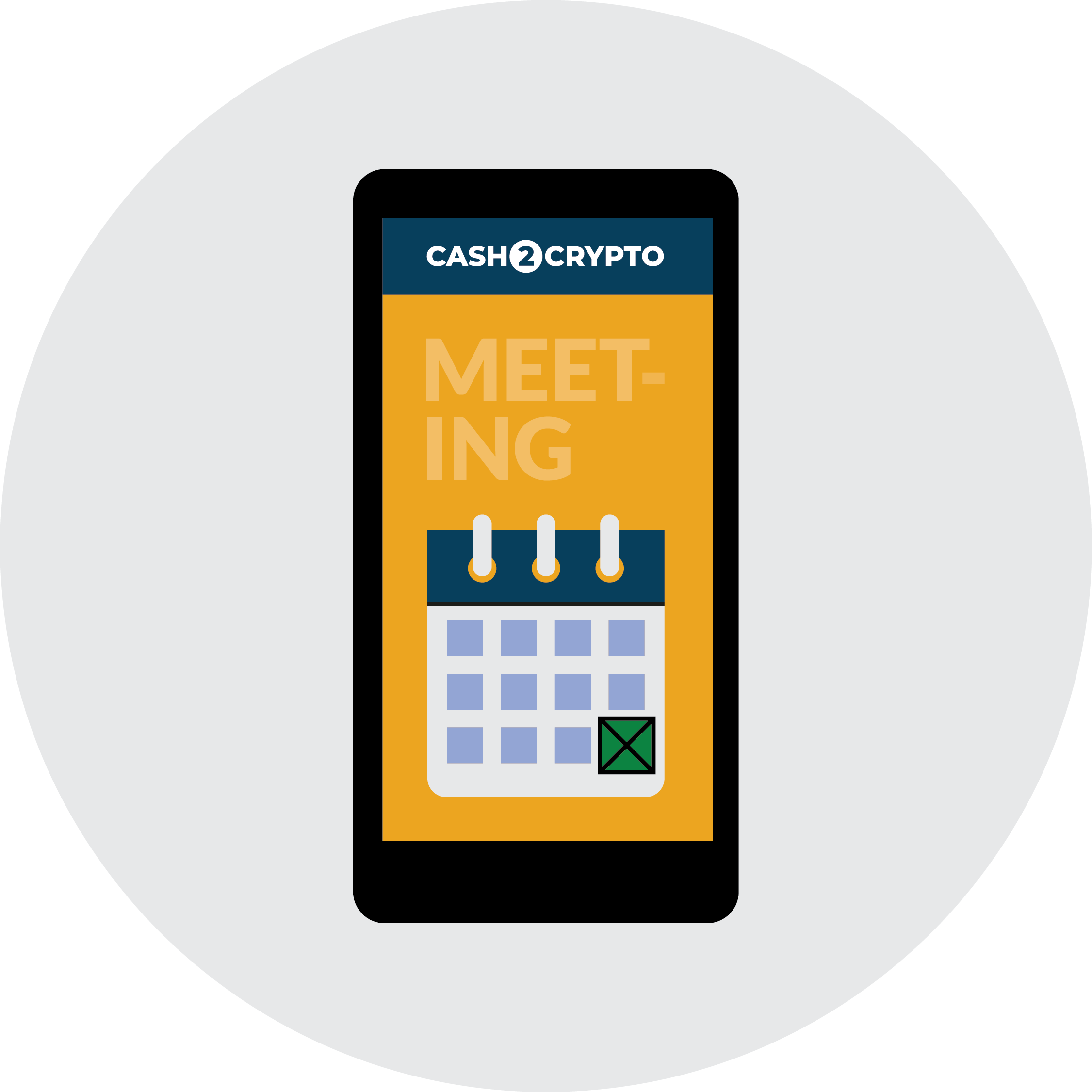 A smartphone screen displaying a calendar with the word 'MEETING,' representing the option to schedule an appointment with Cash2Crypto