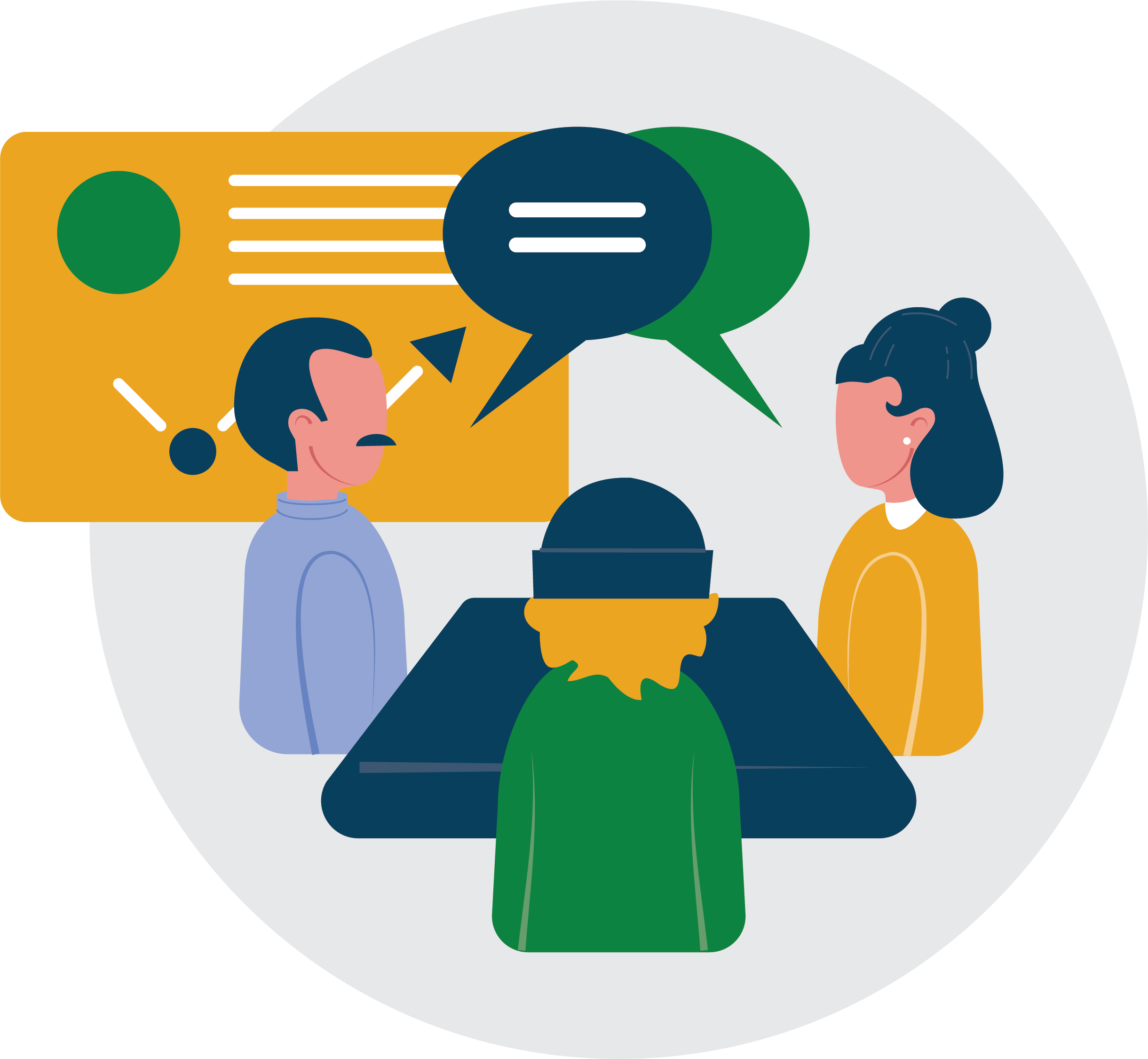 Three people sitting at a table having a conversation, with speech bubbles.