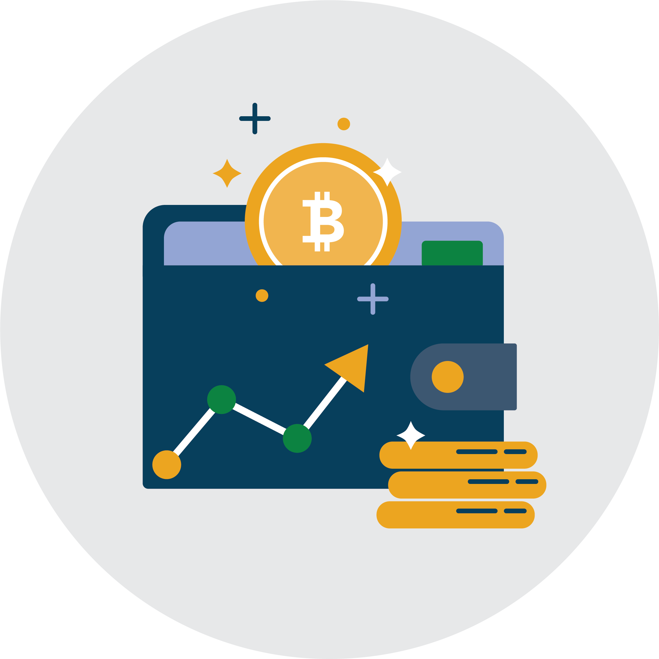 Illustration of a digital wallet with a Bitcoin symbol, upward-trending chart, and stacked coins.