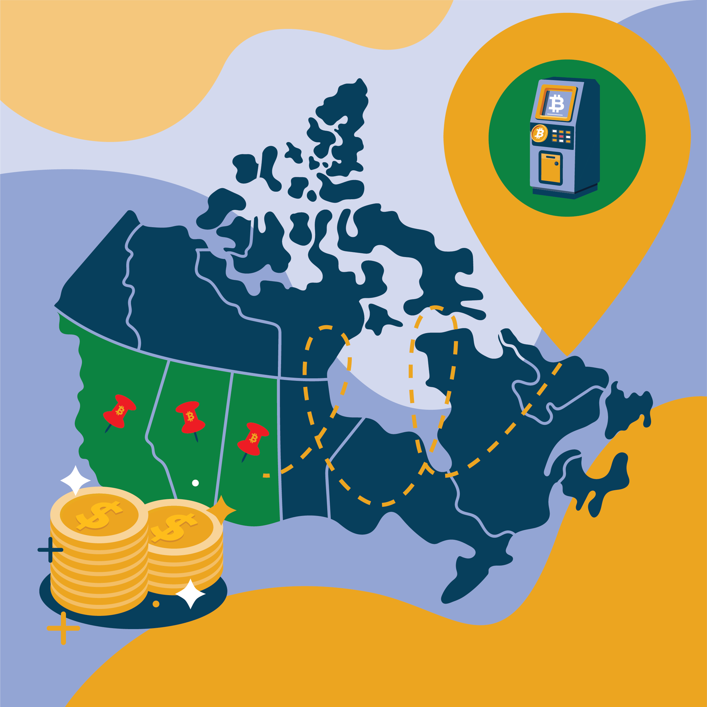 Illustration of a map of Canada with Bitcoin ATM locations marked in the western provinces, alongside stacked coins.