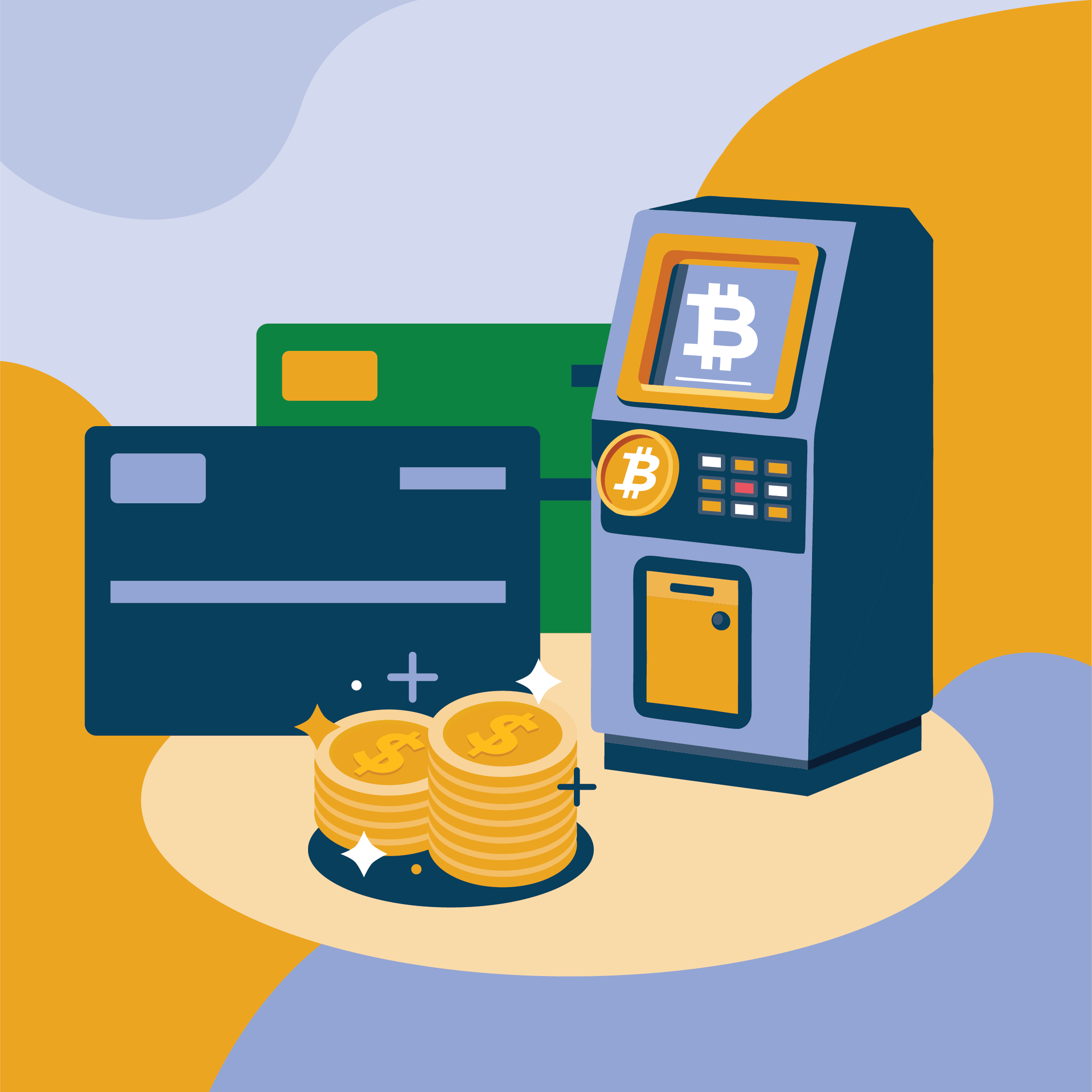 Illustration of a Bitcoin ATM beside stacked coins.