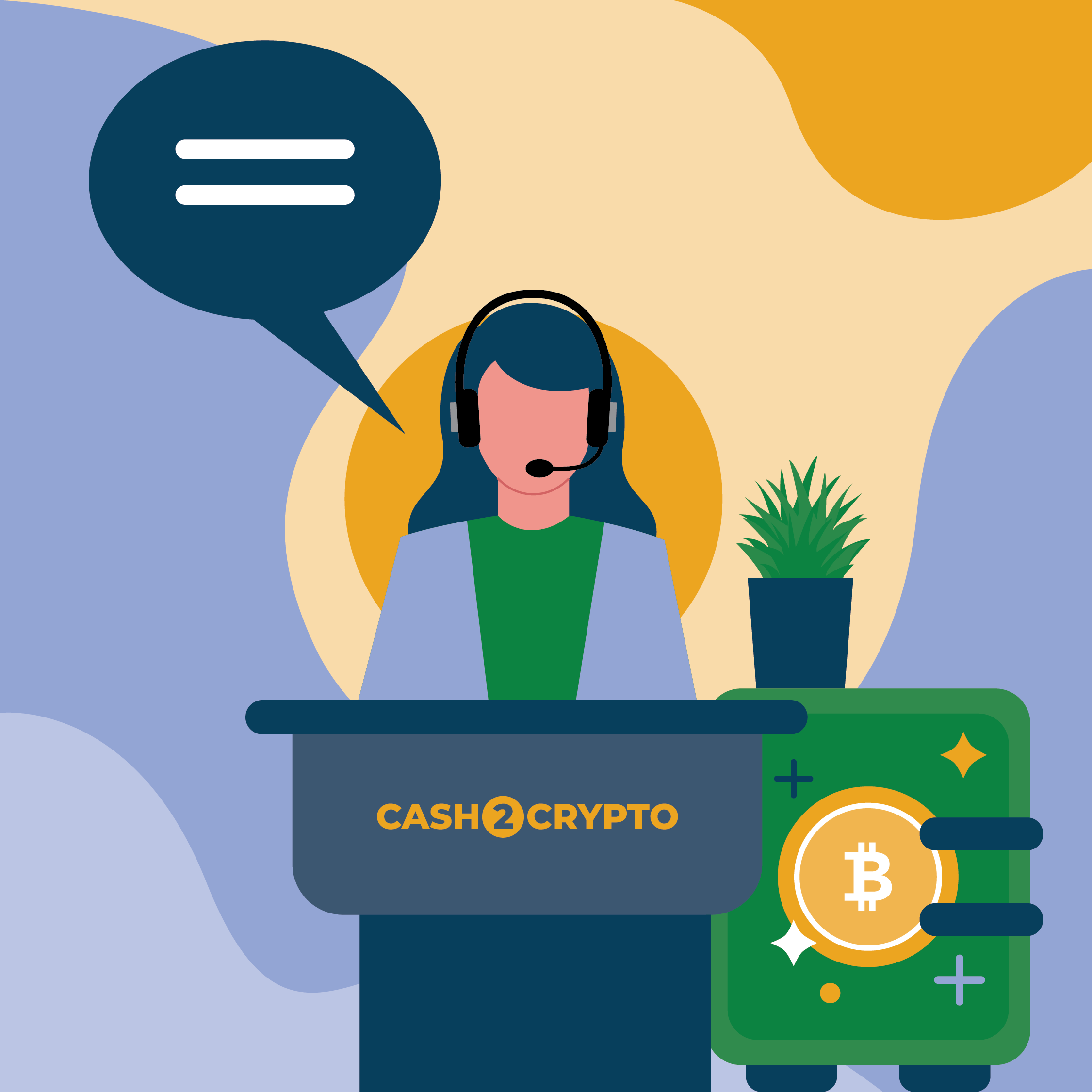 Illustration of a support agent with a headset at a desk, next to a Bitcoin vault.
